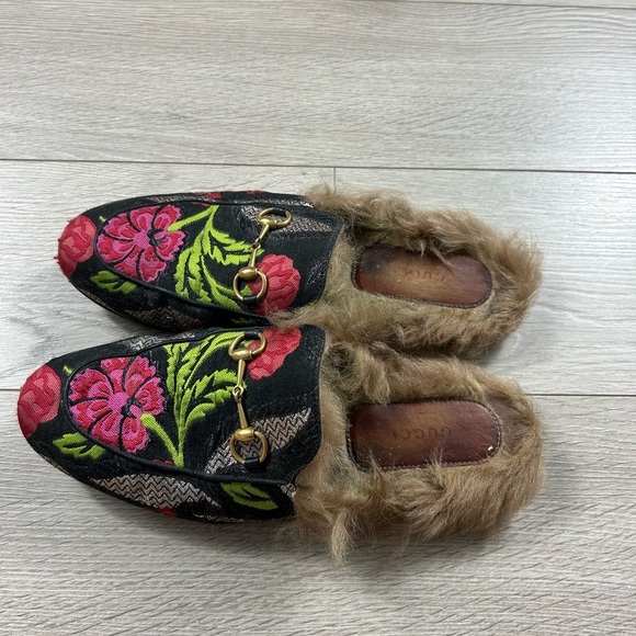 GUCCI Princetown Pink Floral Brocade Jacquard Fur Lined Loafer Slipper Mules - Picture 4 of 12